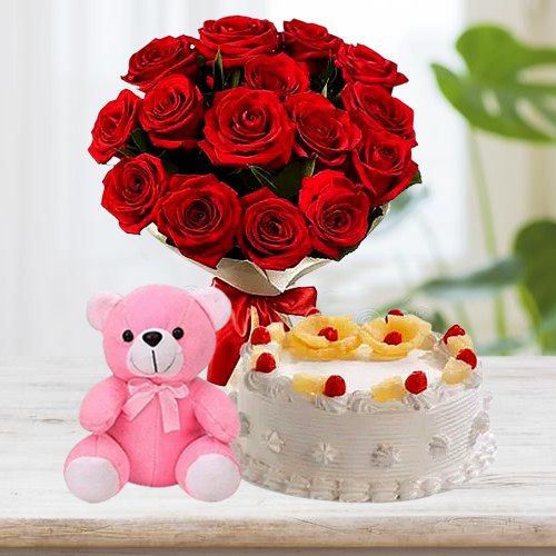 Luminous Roses Bunch with Pineapple Cake   Teddy