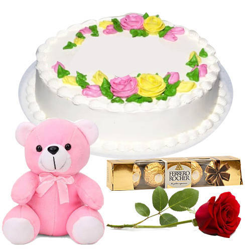 Yummy Vanilla Cake with Teddy, Rose N Ferrero Rocher