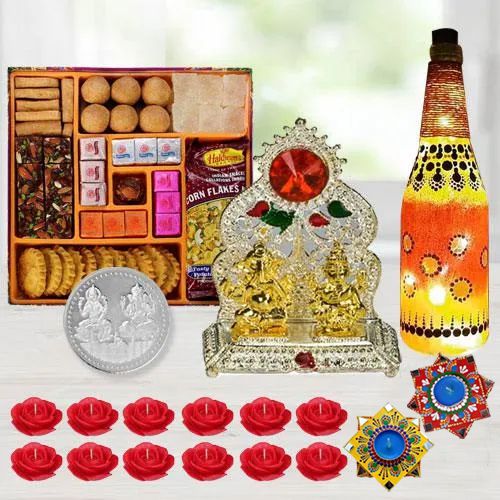 Special Diwali Gift of Ganesh Laxmi Mandap Diya Lamp Sweets Snacks Candles n Free Coin