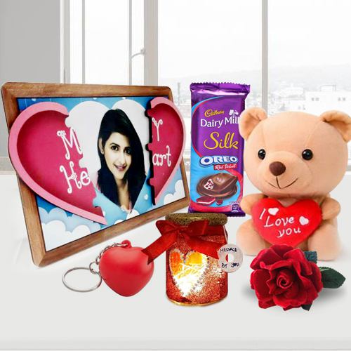 Fascinating V day Gift of Photo Magnetic Heart with Handmade Chocolates n Candles