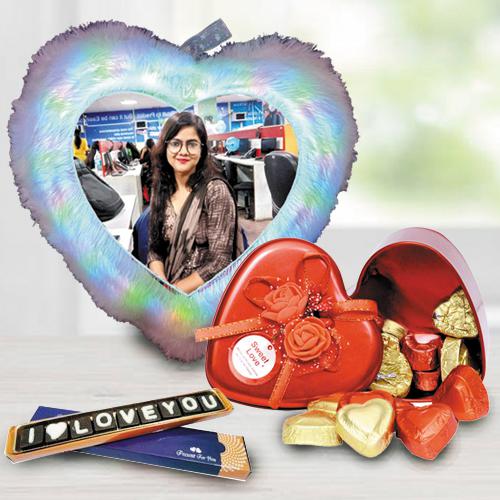 Remarkable Personalized LED Heart Fur Cushion n Chocolates Combo