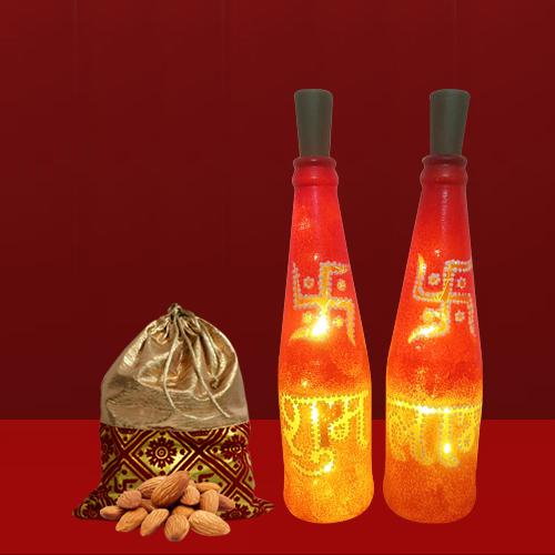 Beautiful Subh Labh LED Bottle Lamp Pair n Almonds in Potli