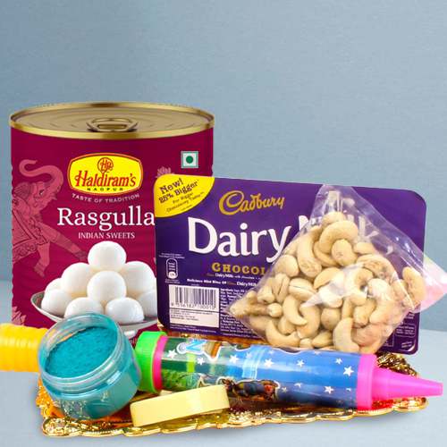 Gift Haldiram Rasgulla n Cadbury Chocolates with Nuts  N  Holi Accessories