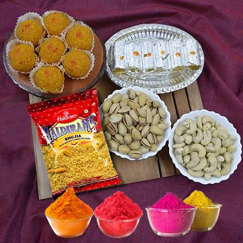 Fun-Filled Holi Sweets N Dry Fruits Hamper with Free Gulal