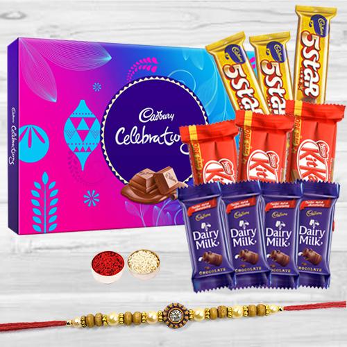 Cadbury Celebration Pack with 1 Rakhi Assorted Chocolates (4pcs Cadbury Dairy Milk (13gm) 3 pcs Nestle KitKat 3pcs Cadbury Five Star) and a Free Rakhi Card