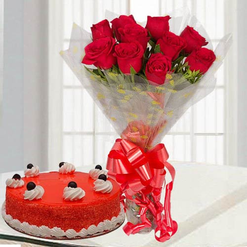 Blossoming Red Rose Bouquet with Red Velvet Cake