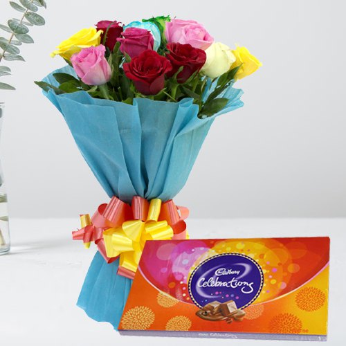 Stunning Combo of Mixed Roses Bouquet N Cadbury Celebrations