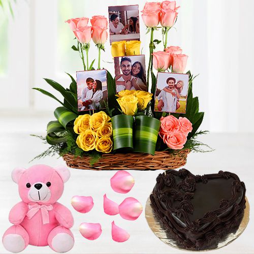 Impressive Mixed Roses N Personalized Photo Basket with Love Cake n Soft Teddy