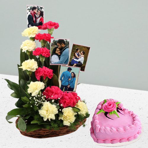 Stunning Mixed Carnations and Personalized Photo Basket with Love Strawberry Cake