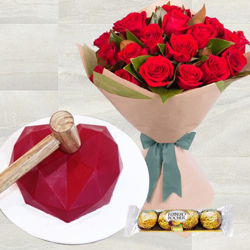 Radiant Red Roses Bouquet Red Heart Pinata Cake n Ferrero Rocher
