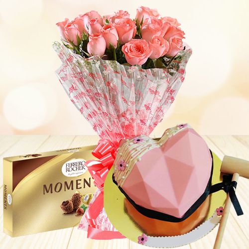 Pink Perfection Rose Bouquet Love Pinata Cake n Ferrero MomentsGift Combo