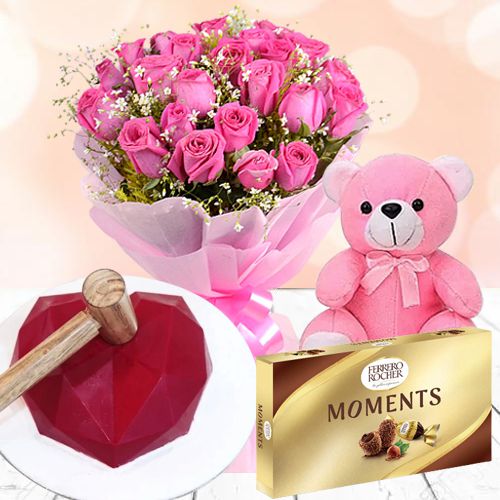 Splendid Pink Rose Bouquet Red Heart Hammer Cake Ferrero Moments n Cute Teddy