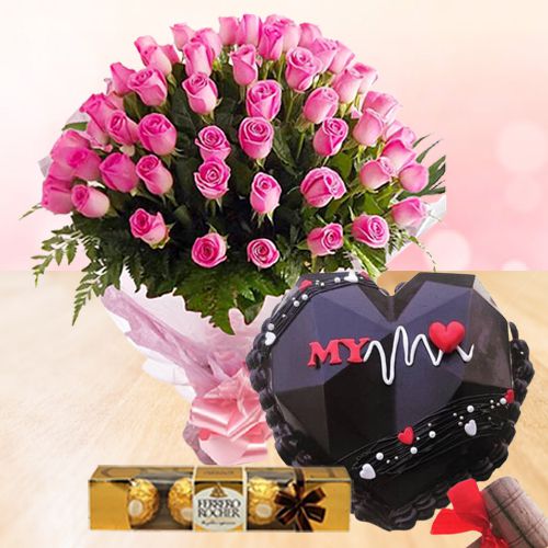 Lovely Pink Roses Bouquet My Heart Line Chocolate Pinata Cake n Ferrero Rocher Gift Combo