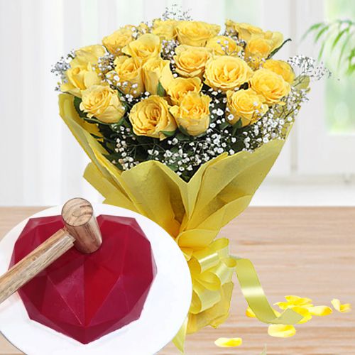 Alluring Yellow Roses Bouquet n Loving Heart Pinata Cake Combo