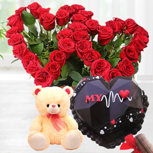 Amazing Gift of Twin Heart Red Roses Bunch Hearty Chocolate Pinata Cake n Cute Teddy