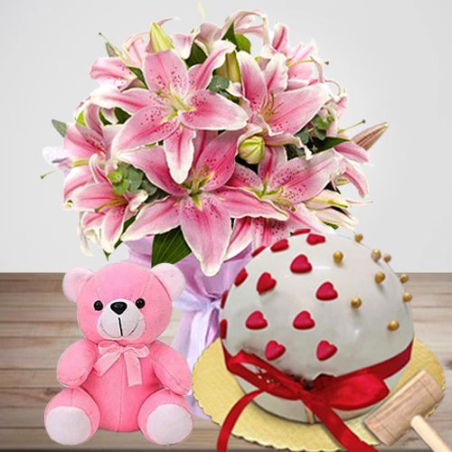 Impressive Pink Lily Hand Bunch Smash Your Love Score Pinata Cake n a Cute Teddy