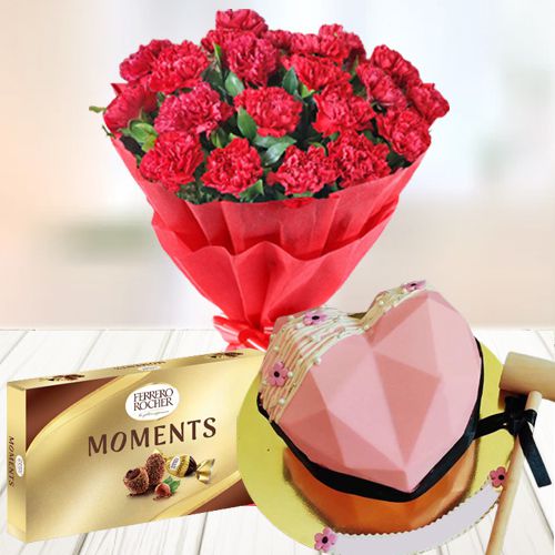 Splendid Red Carnations Bouquet Hearty Love Pinata Cake n Ferrero Moments