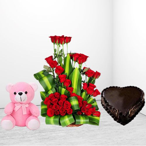 Superb Arrangement of Red Roses Heart Shape Chocolate Cake n Love Teddy