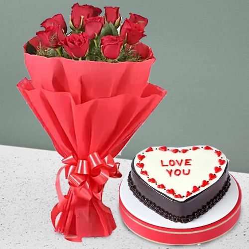Pristine Bouquet of Red Roses in Tissue Wrap with Love Chocolate Cake