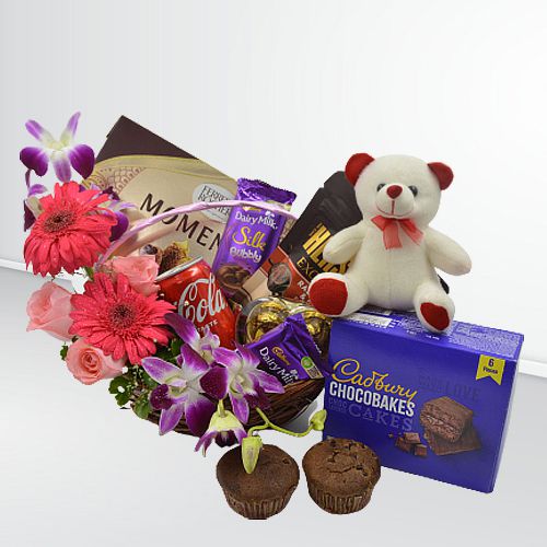 Valentine Gourmet Delight with Teddy in Floral Basket
