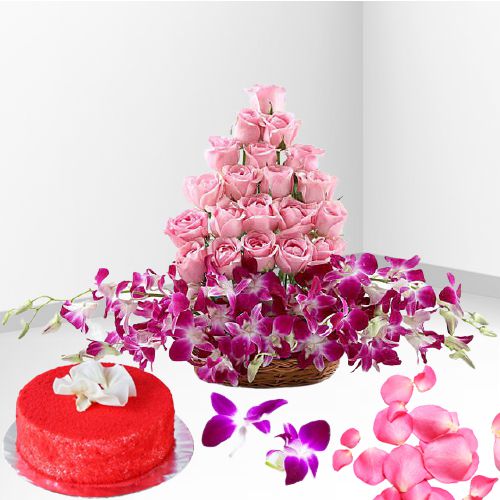 Charming Pink Roses n Purple Orchids with Red Velvet Cake