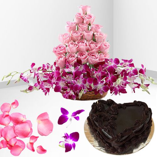 Gorgeous Mixed Flower Basket with Heart Shape Chocolate Cake