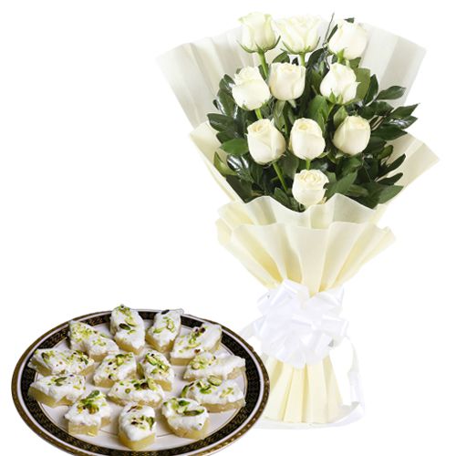 Wrapped in Elegance White Roses Bouquet with Sandesh