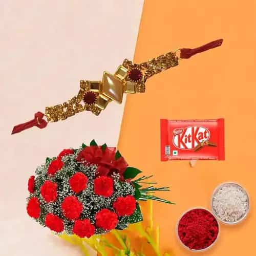 Charming Rakhi Wishes Gift of Red Carnations Bouquet and Kitkat Chocolate Pack with Rakhi Roli Tilak and Chawal