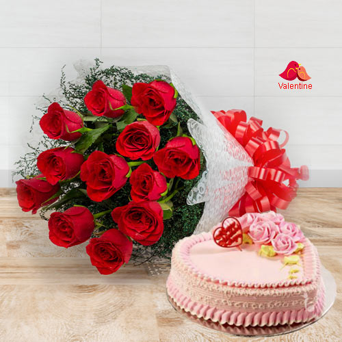 Exclusive Dutch Red Roses  Bouquet with Heart Shaped Cake