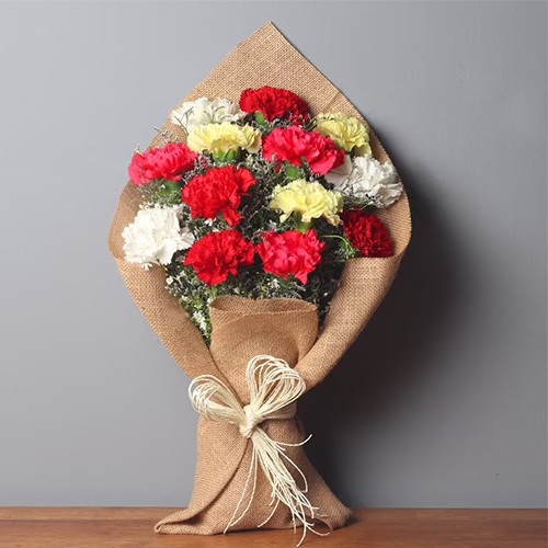 Arresting Mixed Carnation Bouquet Wrapped with Jute