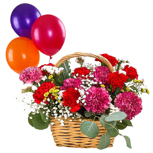 Mixed Color Carnations N Balloons Basket