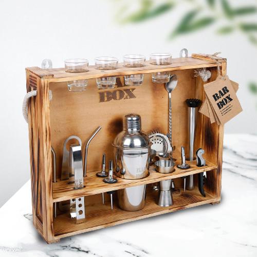 Arresting 19 Pc Bar Tool Set with Rustic Wood Stand