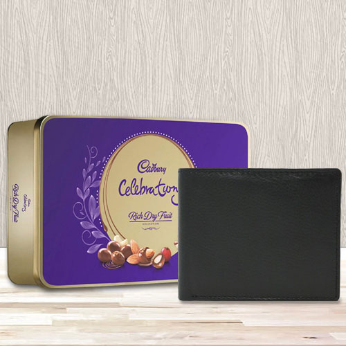 Stylish Black Leather Wallet with a Cadbury Rich Dry Fruits Chocolate