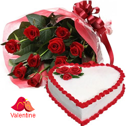 MidNight Delivery ::Exclusive  Dutch Red    Roses  Bouquet with Heart Shaped Cake