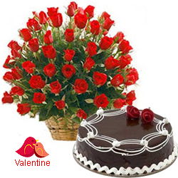 MidNight Delivery ::50 Dutch Red Roses Basket with Black Forest Cake.