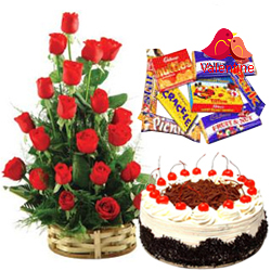 MidNight Delivery ::18 Dutch Red Roses Bouquet with 1 Lbs. Black Forest Cake and 1 Cadbury's Celebration Pack