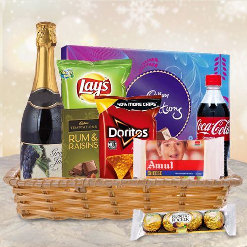 Deluxe Sweet n Snaky Bite Gift Basket with Fruit Wine