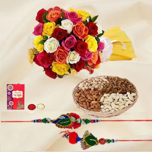 Fancy Bhaiya Bhabhi Rakhi Set with Dry Fruits n Mixed Roses Bouquet
