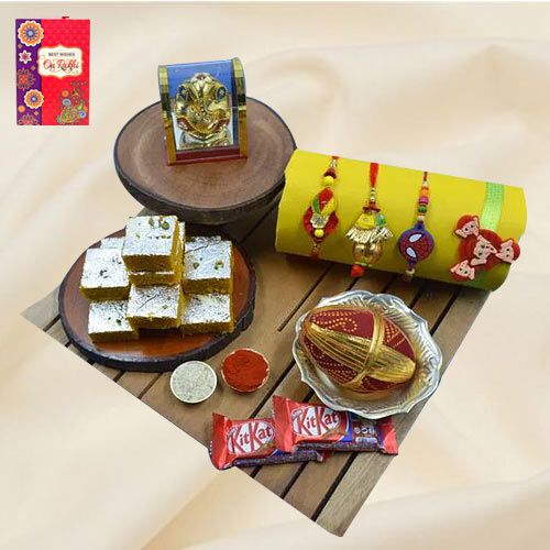Elegant Family Rakhi Set with Haldiram Sweets Ganesh Idol N Chocolates