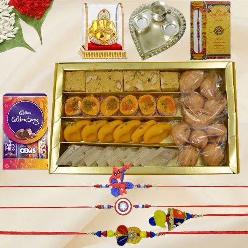 Sacred Trio-Sweets n Rakhi with Card