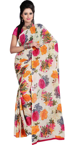 Eye Catching Off White and Pink Coloured Saree with Floral Print Design