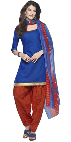 Trendy Cotton Printed Patiala Suit Shaded in Blue and Red