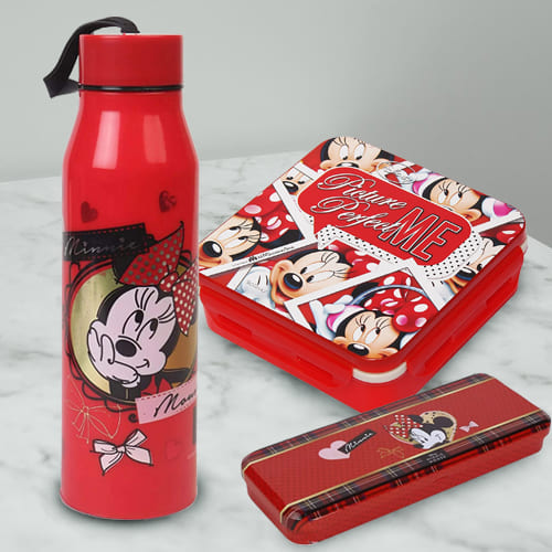 Marvelous Combo of Minnie Mouse Sipper Bottle, Pencil n Tiffin Box